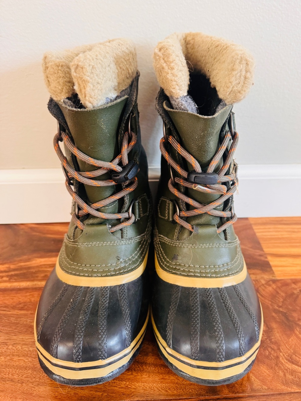 Sorel Kids Olive Green and Black Waterproof Winter Boots with Faux Fur Collar